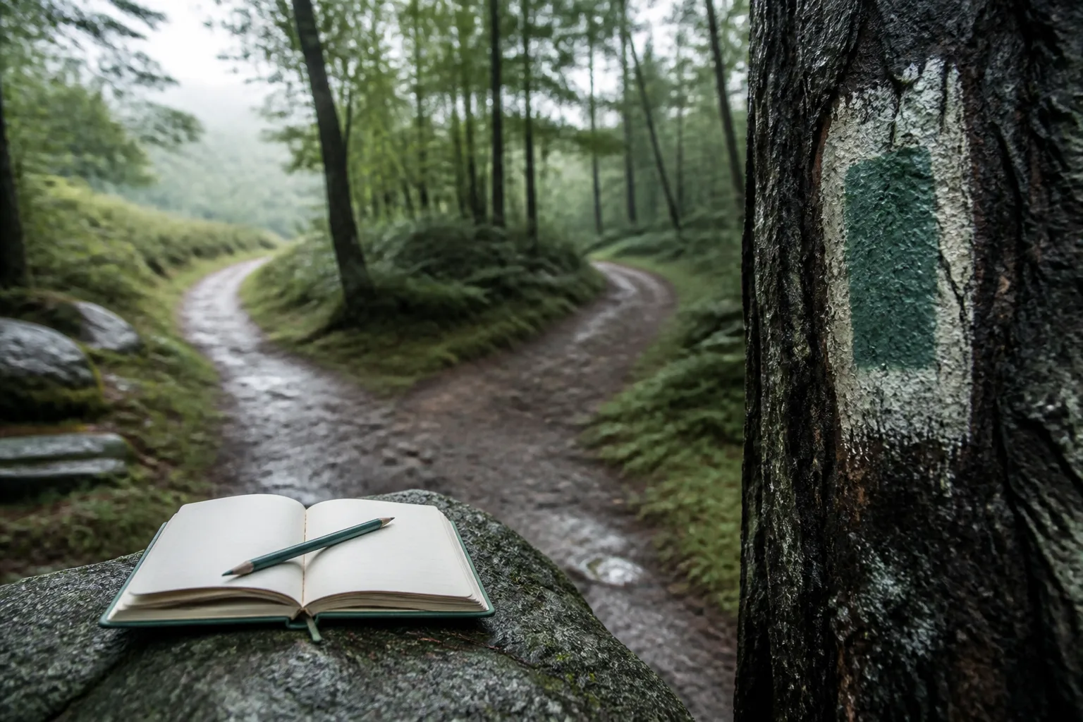 Close view of a faded rectangular trail blaze on damp bark beside a muddy fork, open notebook with pencil resting on a rock ledge, overcast forest light, 1600x900