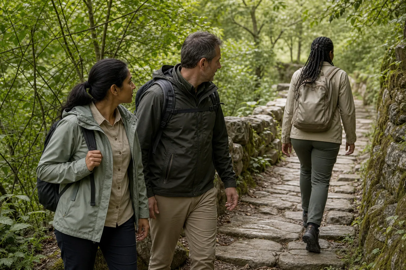 Two walkers stepping aside on a narrow stone path under trees while a third person with a daypack continues uphill, soft filtered light, no logos or signs with place names, 1600x900