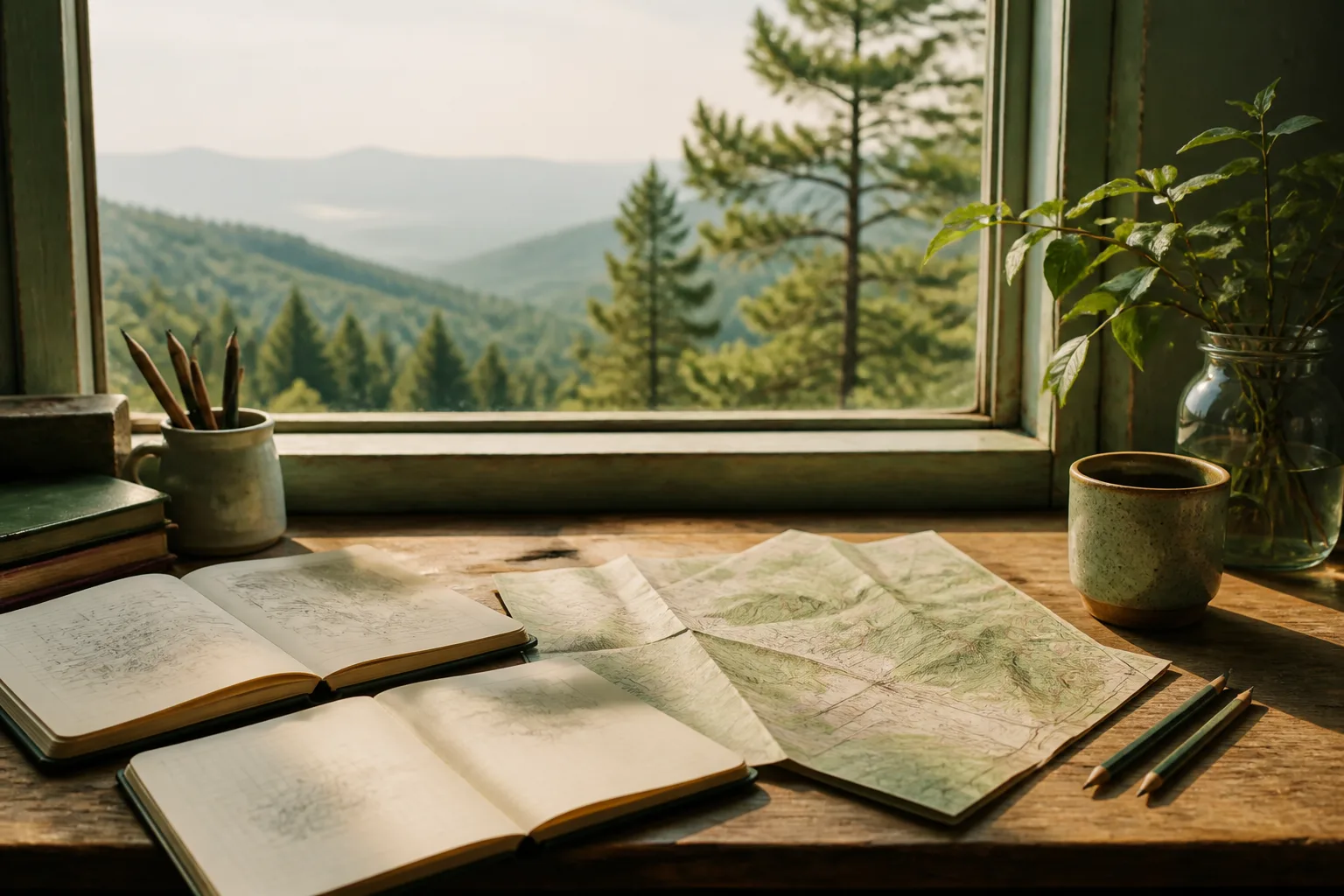Wooden desk with open field notebooks, a folded paper map, and two pencils beside a window looking toward a wooded ridge under soft morning light, 1920x1080