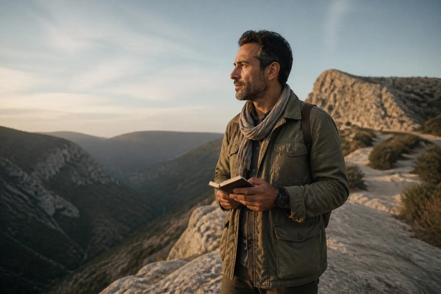 Walker pausing on a ridge path with a small notebook and watch, late afternoon light slanting across bare rock, valley already in soft shadow below, 1200x800