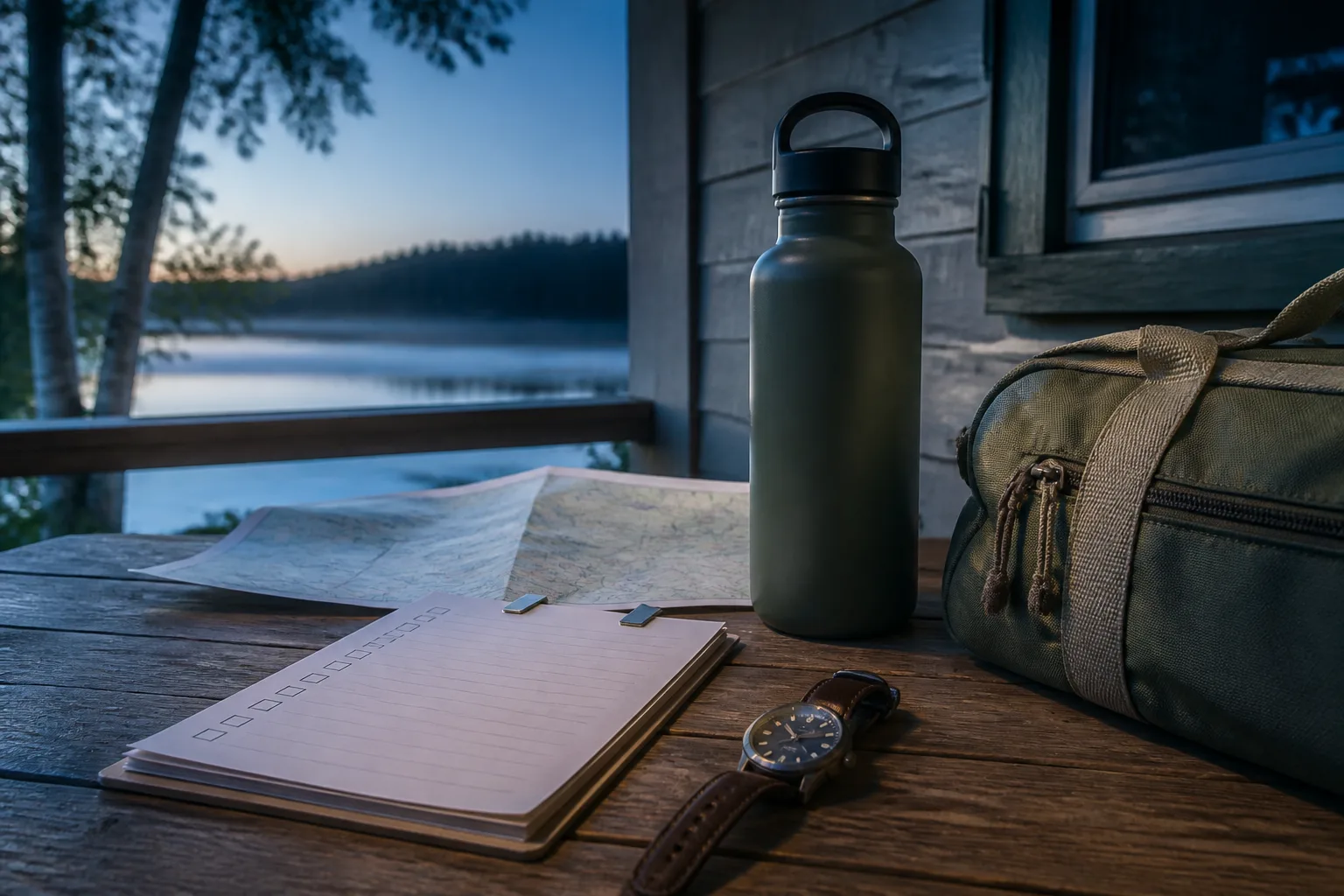 Printed checklist, wristwatch, weather printout, and refillable bottle arranged on a porch table before sunrise, quiet house wall behind, cool blue light, 1200x800