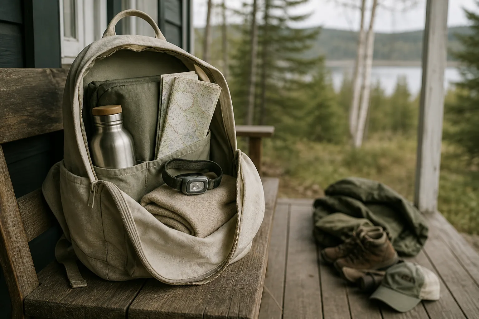 Light canvas daypack open on a wooden bench showing bottle, thin layer, compact headlamp, and folded map, unnecessary extra items left aside on the porch floor, soft daylight, 1200x800