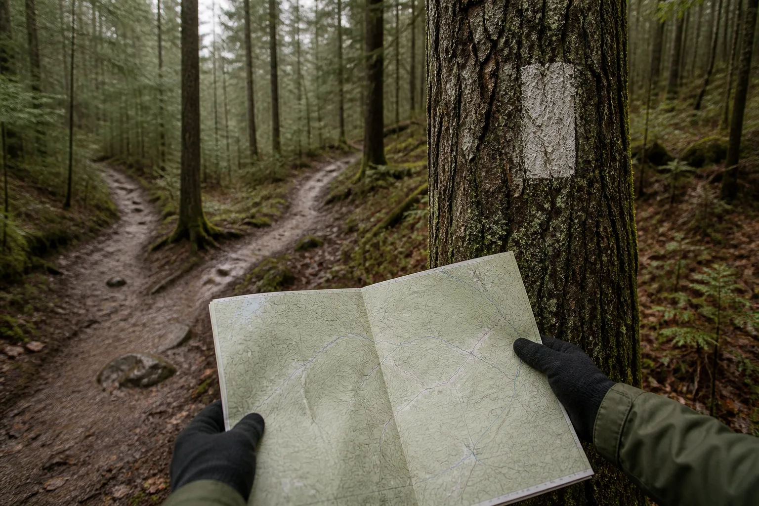 Faded trail blaze on a tree trunk at a muddy fork, paper map held open in gloved hands comparing the painted mark to the printed line, overcast woods, 1200x800