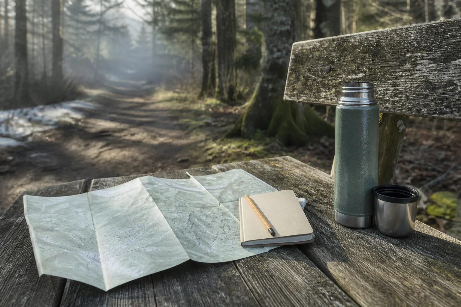 Open paper map on a weathered outdoor bench with a compact notebook, pencil, and empty thermos, wooded path soft-focused behind, cool morning light, 1920x1080