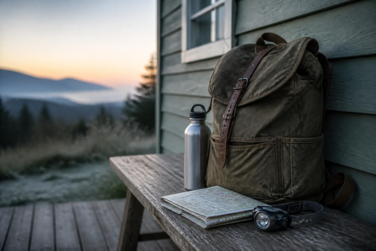 Worn canvas daypack, refillable bottle, folded paper map and a compact headlamp arranged on a wooden porch bench before sunrise, quiet house wall in the background, cool blue early light, 1600x900