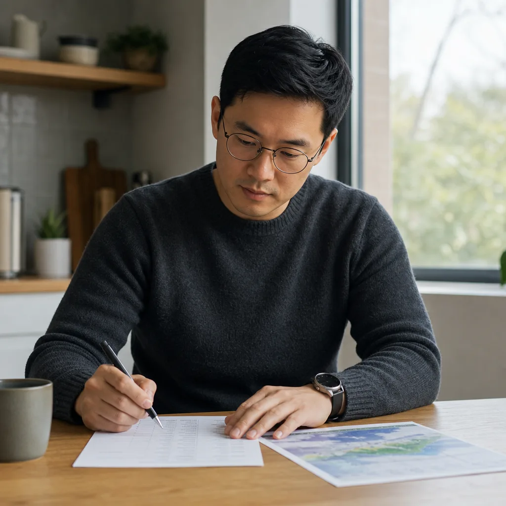 Julian Park, portrait of a man in his thirties with cropped black hair and round glasses, seated at a kitchen table with a printed checklist, watch, and weather printout, morning window light, 400x400