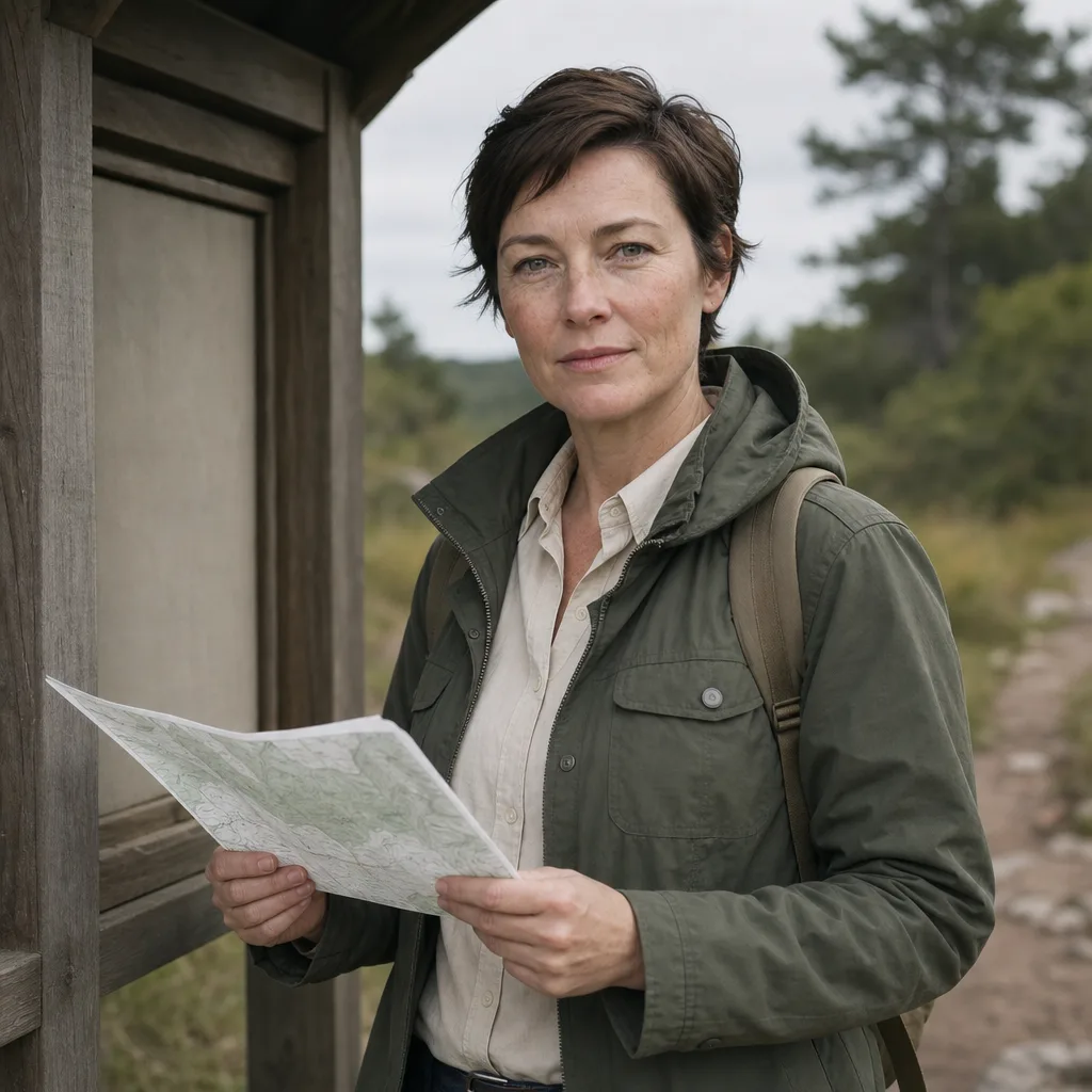 Mara Ellison, portrait of a woman in her forties with short dark hair and a muted field jacket, standing beside a trailhead kiosk with a paper map in both hands, overcast daylight, 400x400