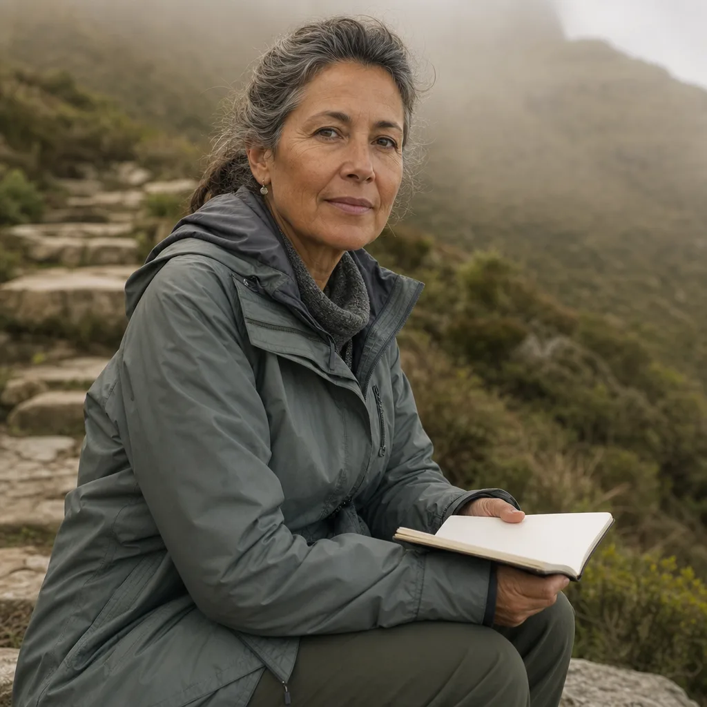 Nora Whitfield, portrait of a woman in her fifties with silver-brown hair tied back, wearing a weatherproof layer, pausing on a stone step with a small notebook, hill path behind her in soft haze, 400x400