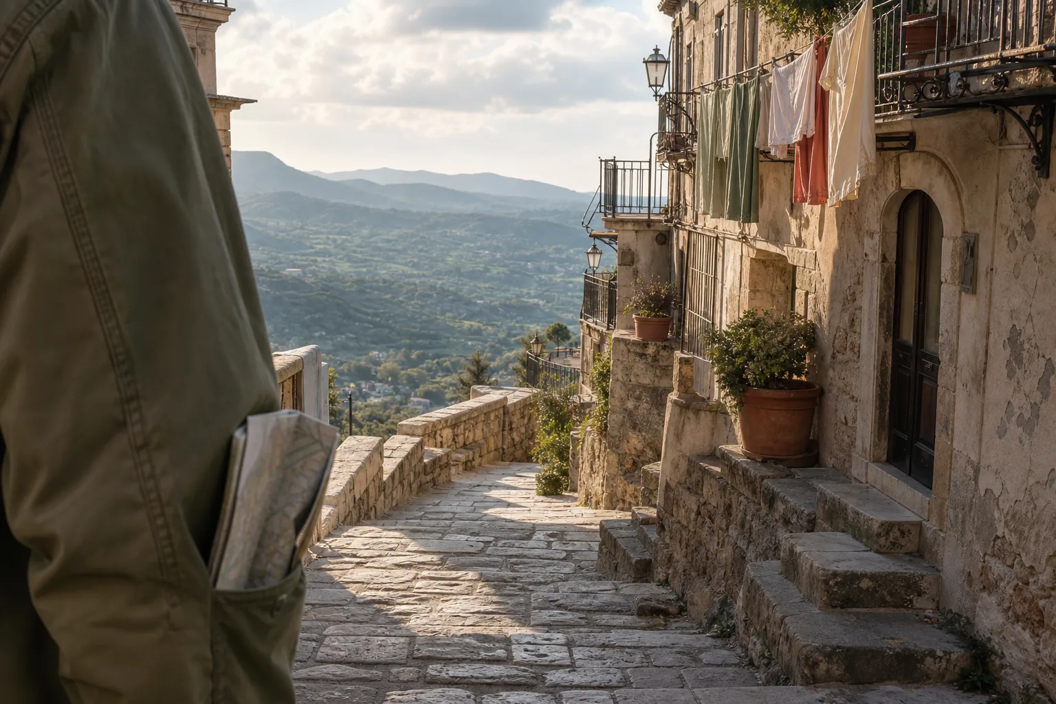 Stone-paved footpath leaving the last houses of a hillside town, laundry on terrace rails, a folded paper map tucked in a jacket pocket at the edge of the frame, warm late light on worn steps, 1600x900